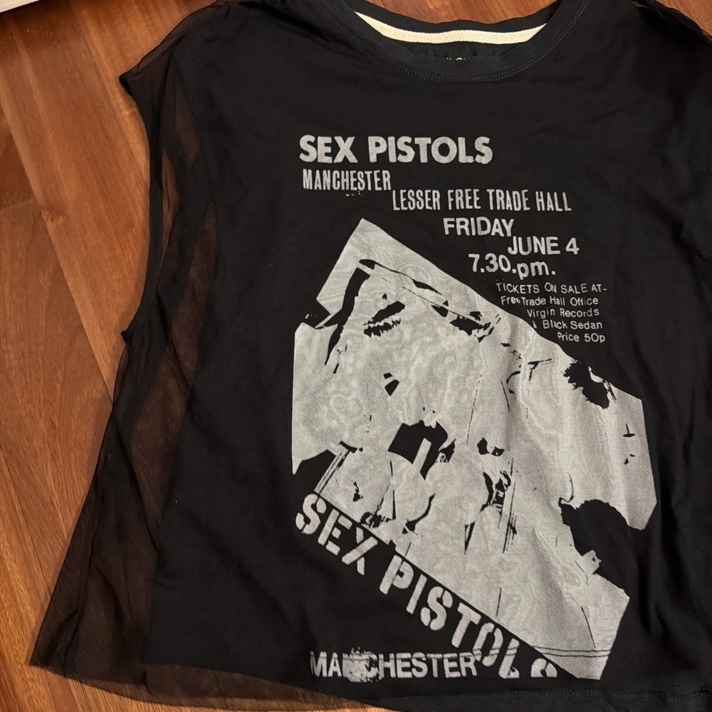 Pilcro Sex Pistols Anthropologie  Top Tee Mesh Overlay Size Small Punk Grunge